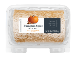 Pumpkin Spice Cake Roll in clamshell with label