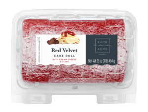 Red Velvet Cake Roll in clamshell with label